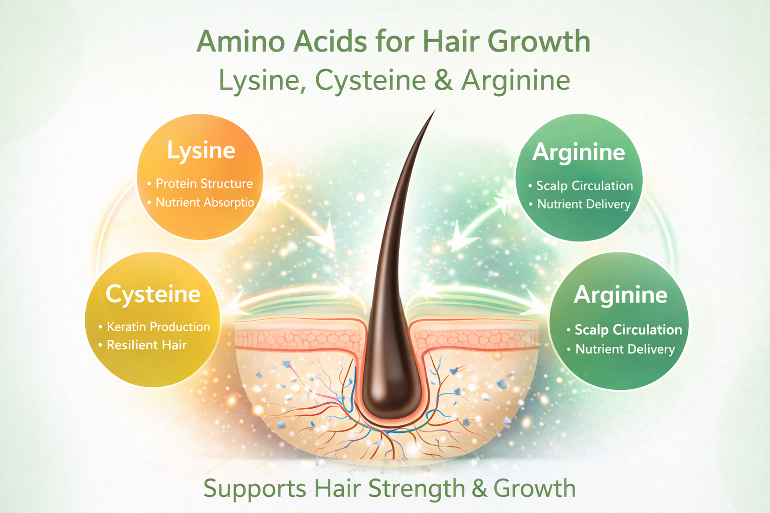 Hair follicle diagram showing how lysine, cysteine, and arginine support hair strength and growth