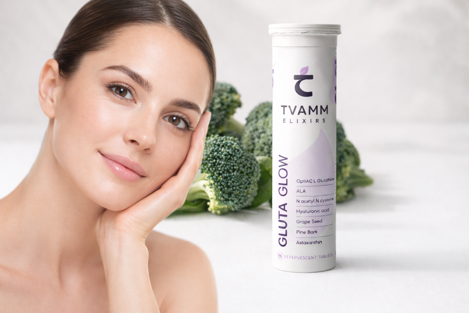 Glutathione tablets for skin glow with TVAMM Gluta Glow effervescent tube and fresh broccoli in background