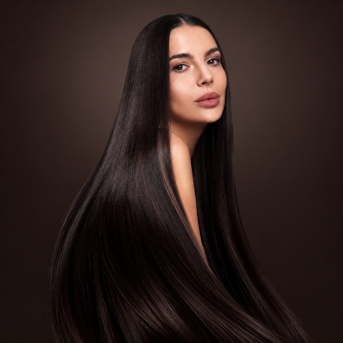 Woman with long glossy dark hair against a dark brown background