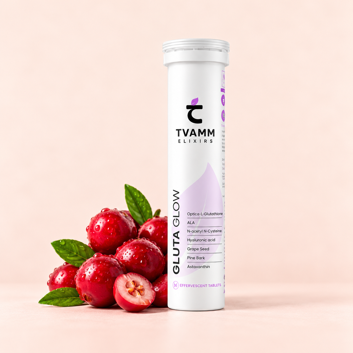 TVAMM Gluta Glow effervescent glutathione tablets tube with fresh cranberries