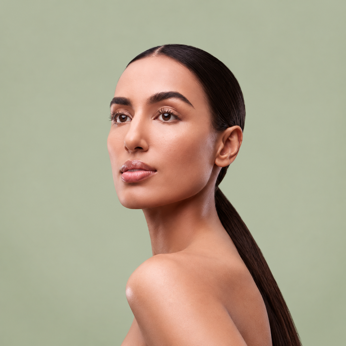 Woman with a sleek ponytail against a sage green background
