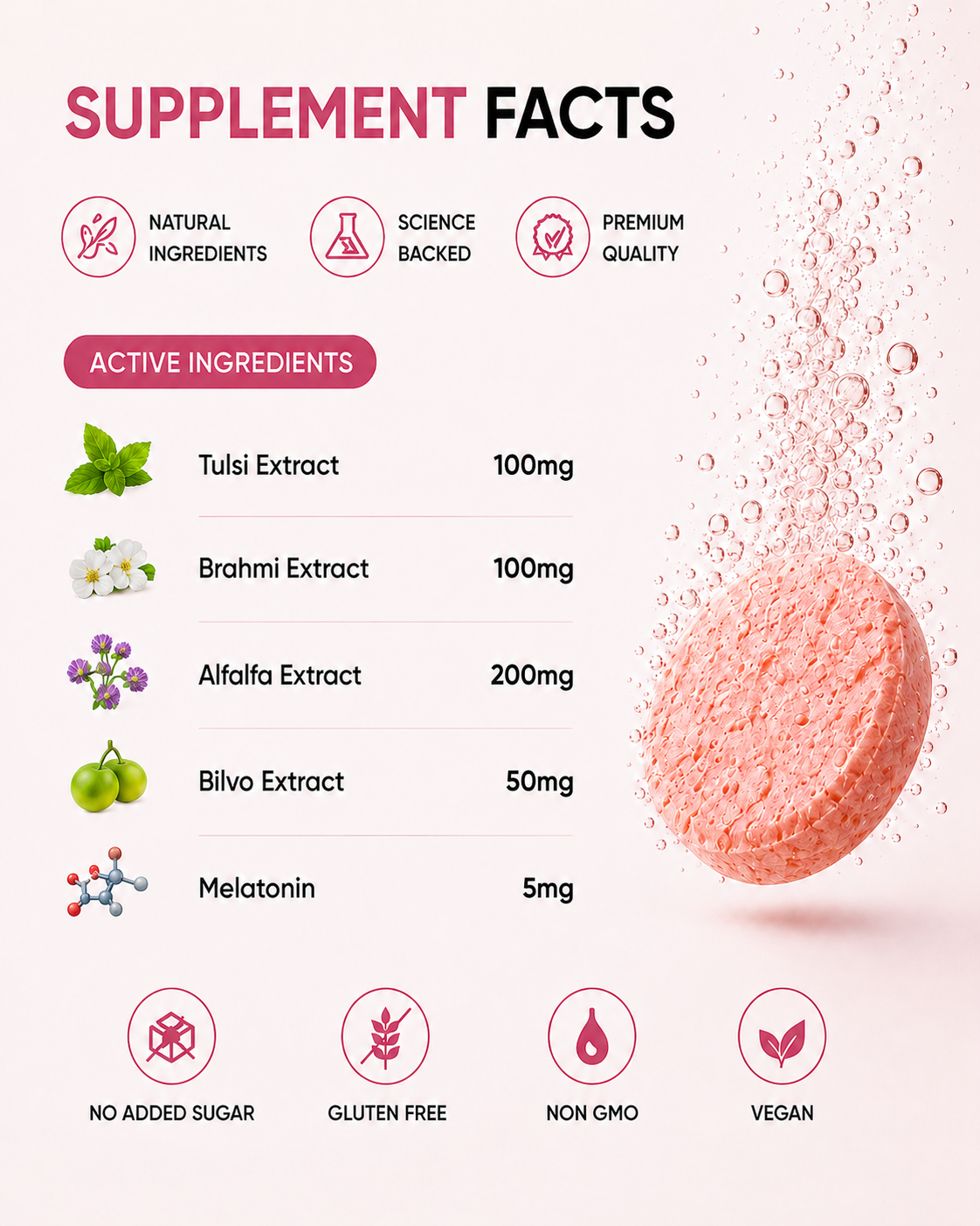 SleepLixer ingredient content page showing Brahmi Tulsi benefits for sleep